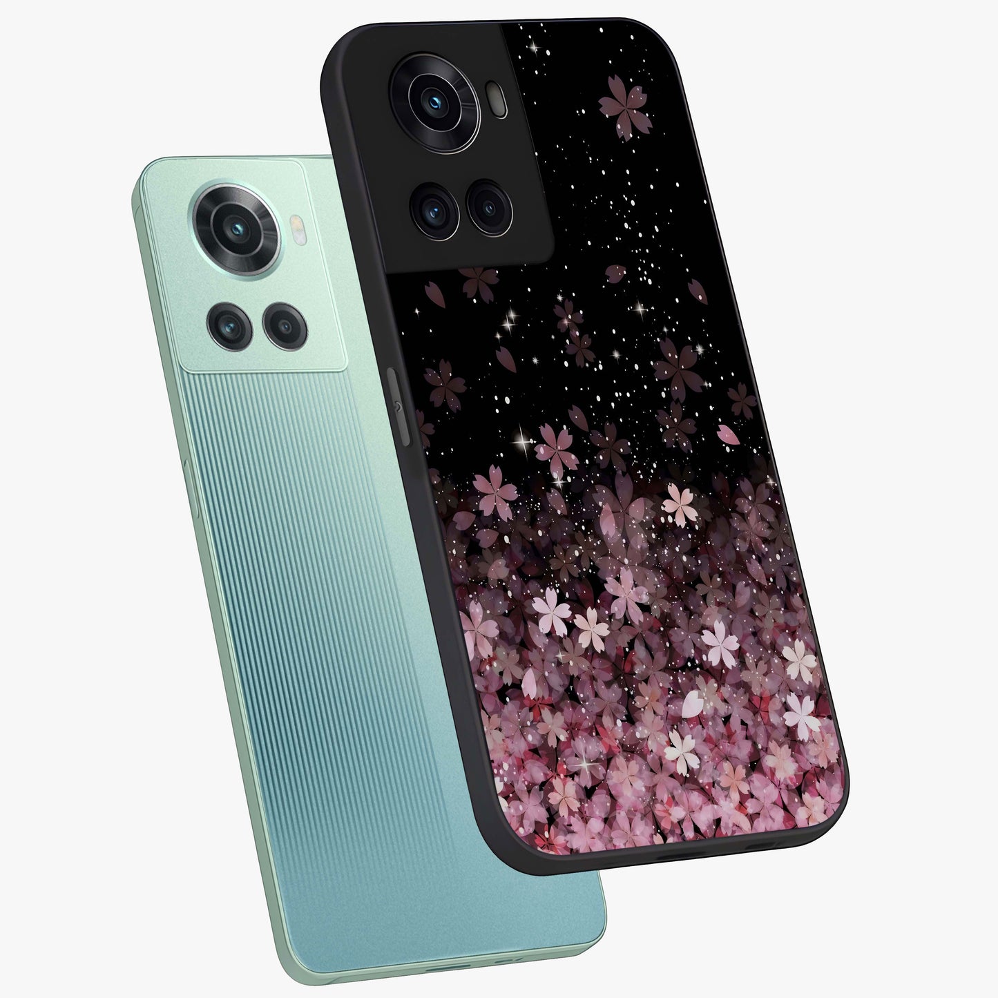 Small Starry Flowers Glass Case for 1+10R angled mockup showcasing glossy finish and soft pastel tones