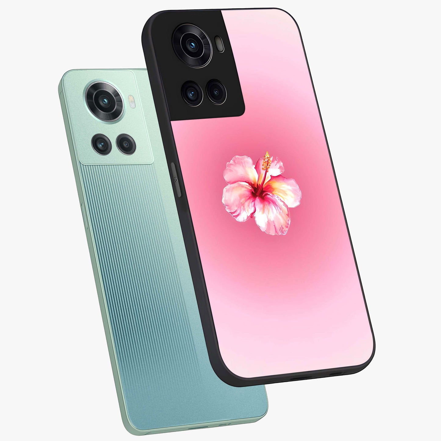Soft Petal Serenity Glass Case for 1+10R angled mockup showcasing glossy finish and calming bloom detailing