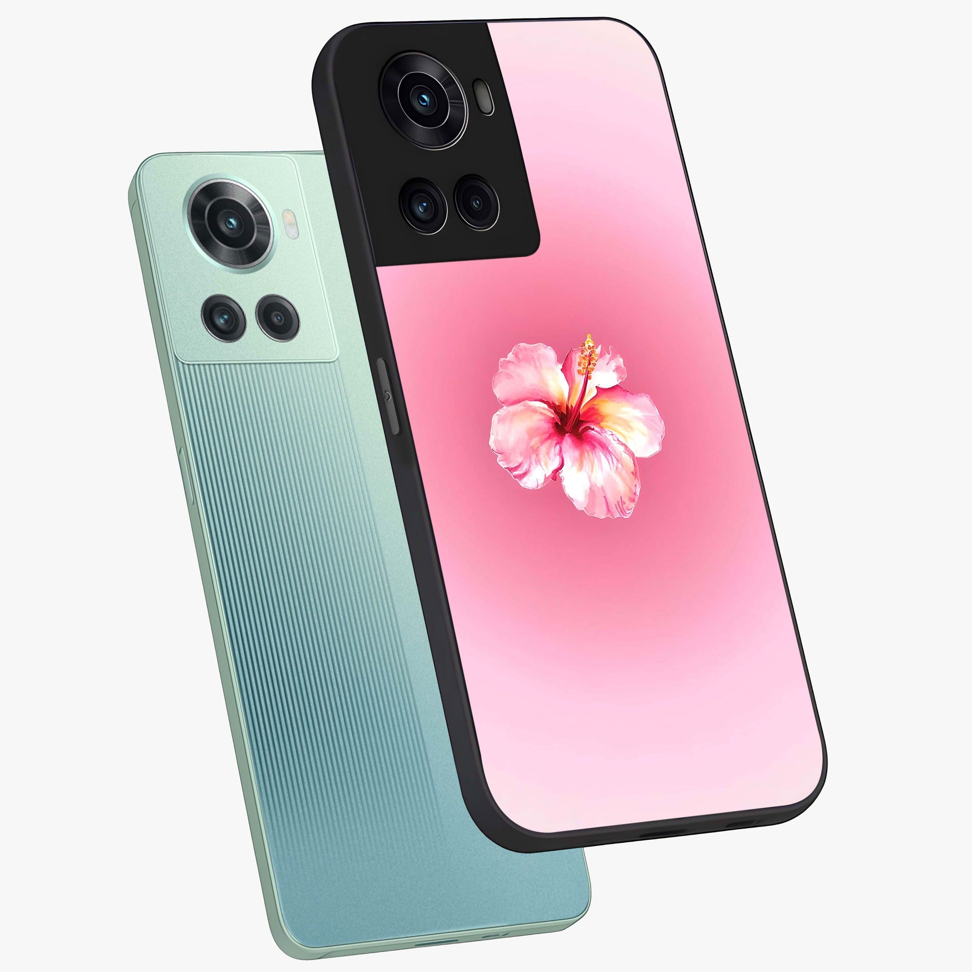 Soft Petal Serenity Glass Case for 1+10R angled mockup showcasing glossy finish and calming bloom detailing