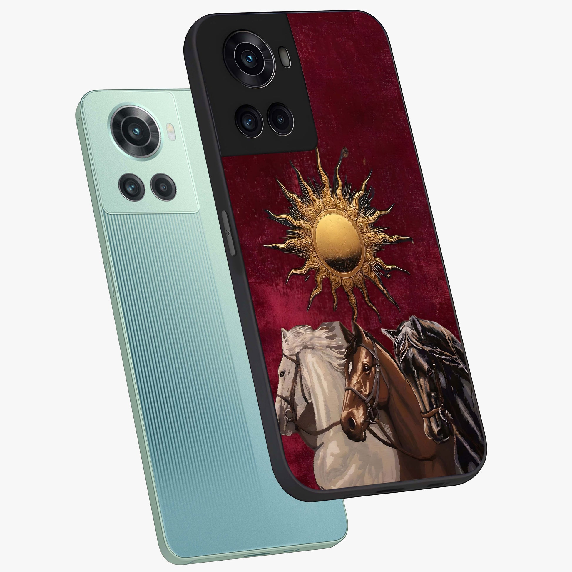 Solar Riders Glass Case for 1+10R angled mockup showcasing glossy finish and vibrant sunset gradients