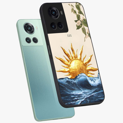 Solar Wave Bloom Glass Case for 1+10R angled mockup showcasing glossy finish and warm luminous tones