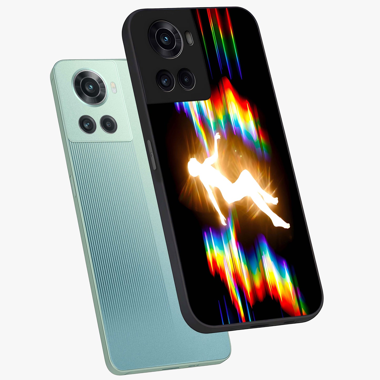 Soul in Spectrum Glass Case for 1+10R angled mockup showcasing glossy finish and vibrant gradient detailing