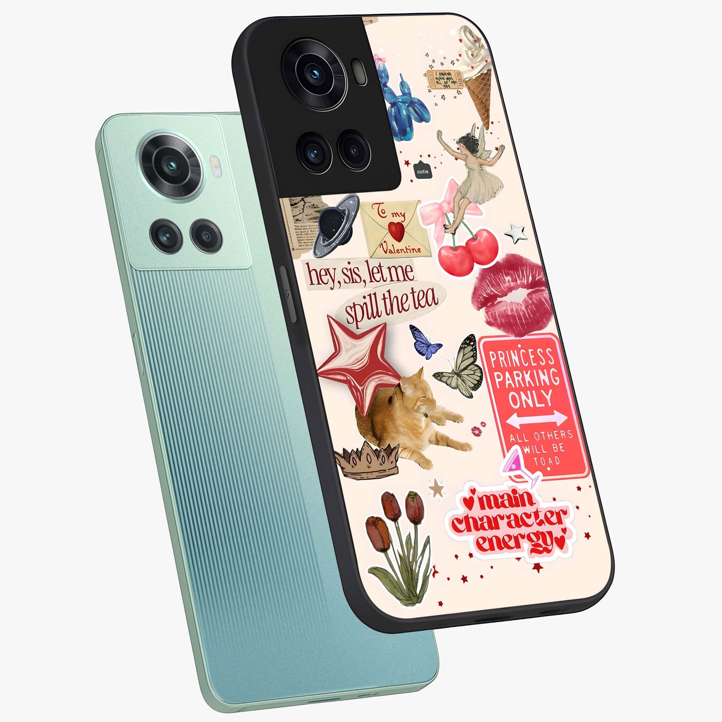Spill the Tea Retro Collage Glass Case for 1+10R angled mockup showcasing glossy finish and bold retro detailing