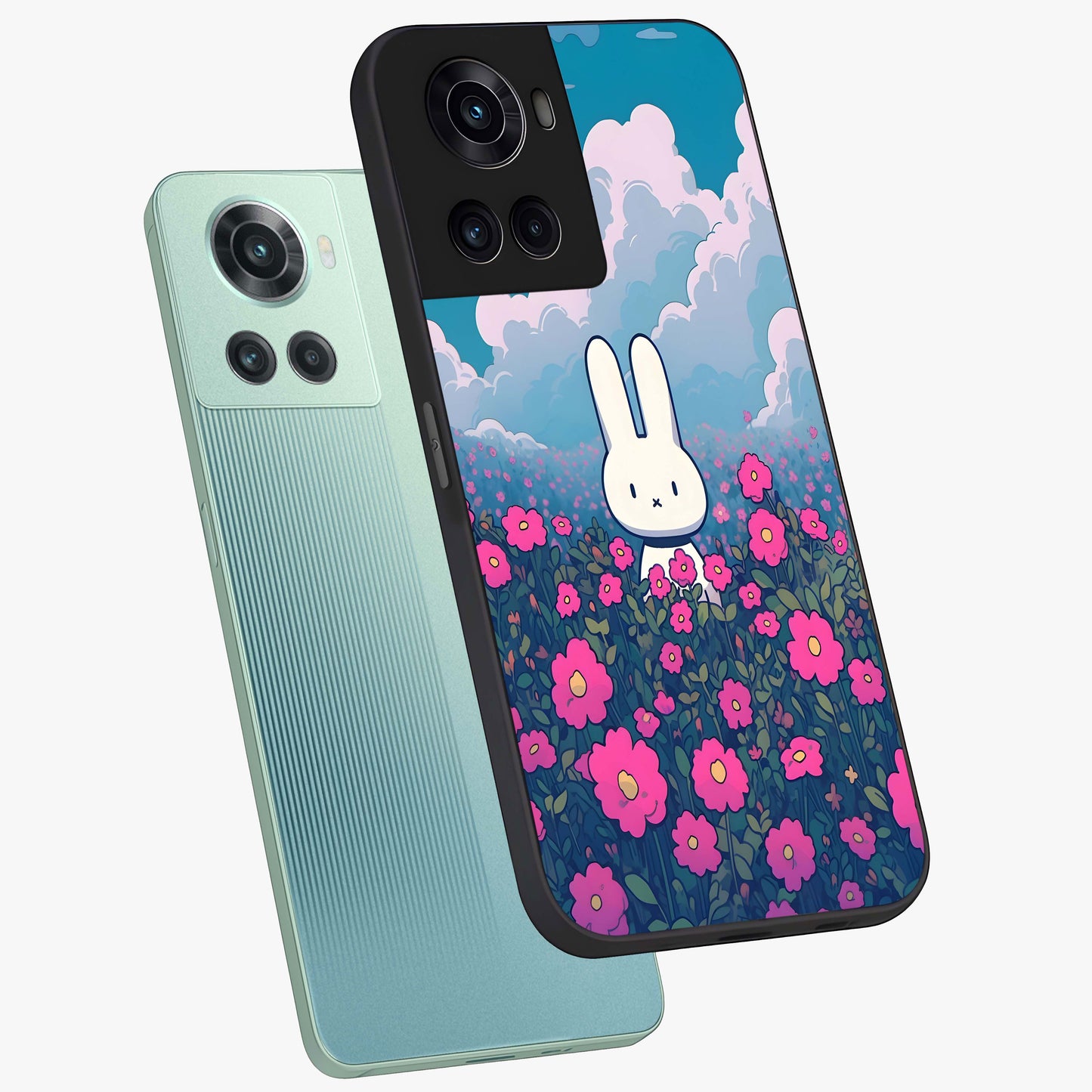 Springtime Blossom Bunny Glass Case for 1+10R angled mockup showcasing glossy finish and soft pastel tones