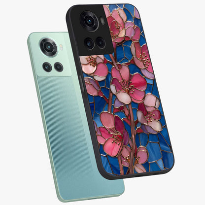 Stained Bloom Grace Glass Case for 1+10R angled mockup showcasing glossy finish and vibrant mosaic tones