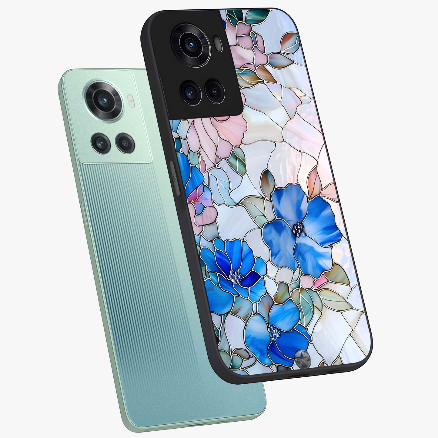Stained Blue Floral Glass Case for 1+10R angled mockup showcasing glossy glass finish and rich sapphire tones