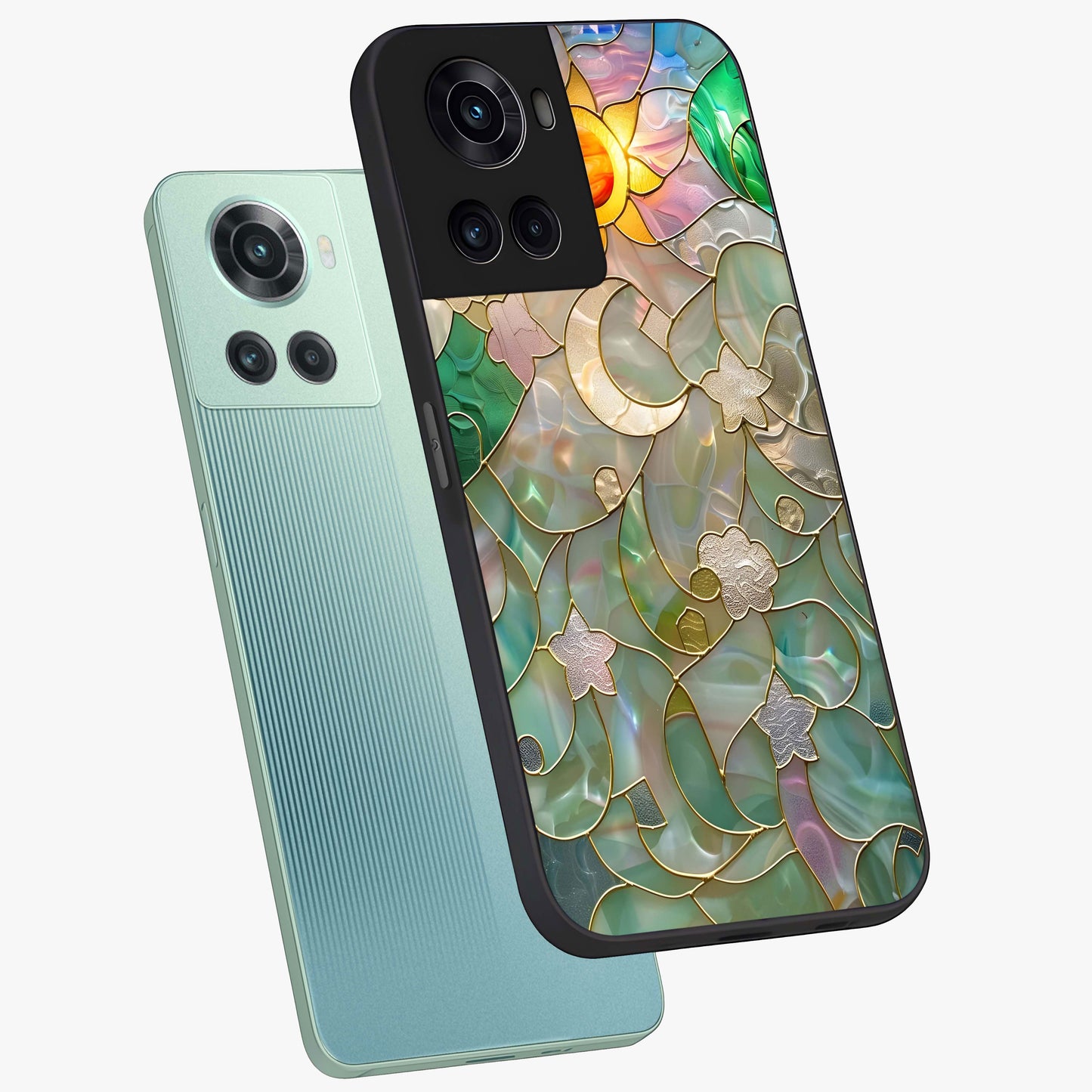 Stained Sunrise Glow Glass Case for 1+10R angled mockup showcasing glossy finish and warm golden gradients
