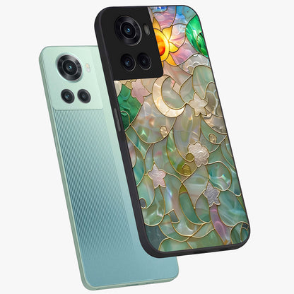 Stained Sunrise Glow Glass Case for 1+10R angled mockup showcasing glossy finish and warm golden gradients