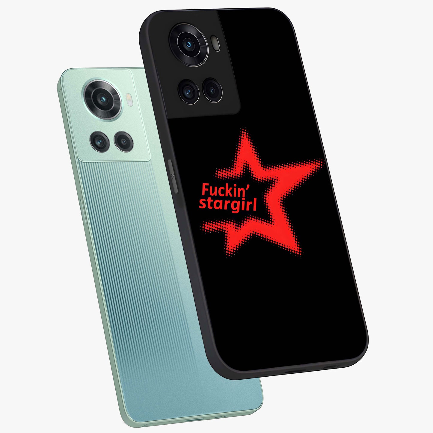 Starboy and Stargirl Energy Glass Case for 1+10R angled mockup showcasing glossy finish and vibrant cosmic tones