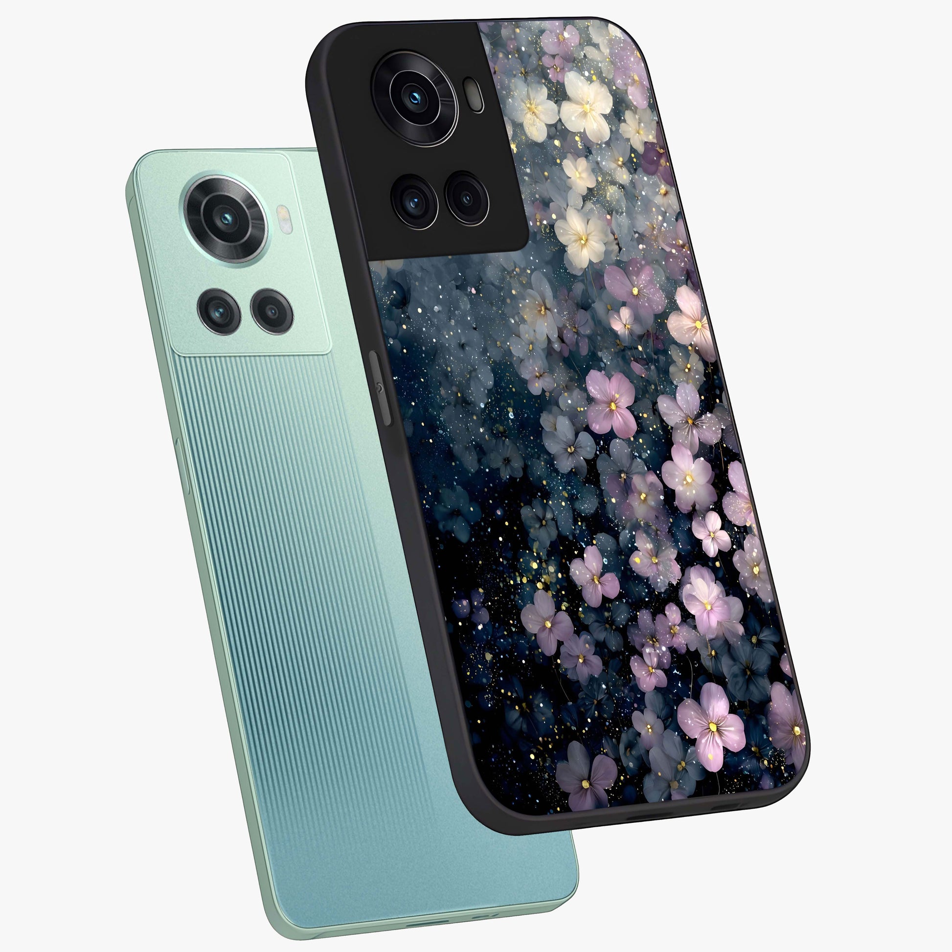 Starlit Blossom Dreams Glass Case for 1+10R angled mockup showcasing glossy finish and soft celestial detailing