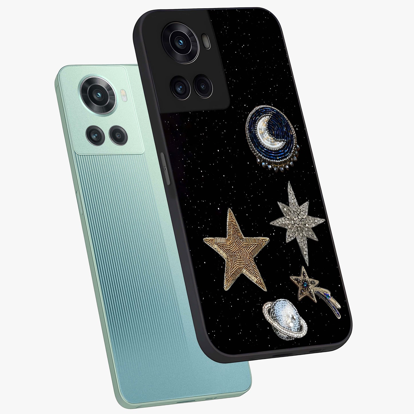 Starlit Cosmic Dreams Glass Case for 1+10R angled mockup showcasing glossy finish and deep space gradients