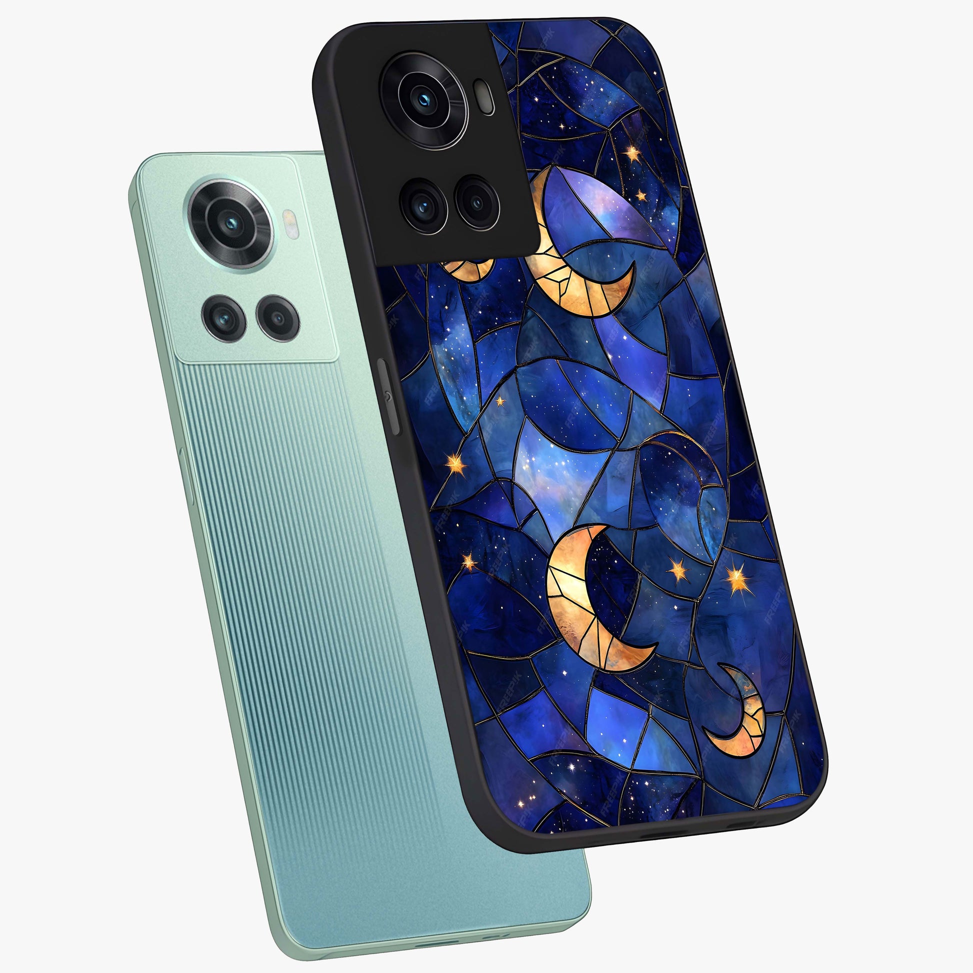 Starlit Sky Tapestry Glass Case for 1+10R angled mockup showcasing glossy finish and rich night tones