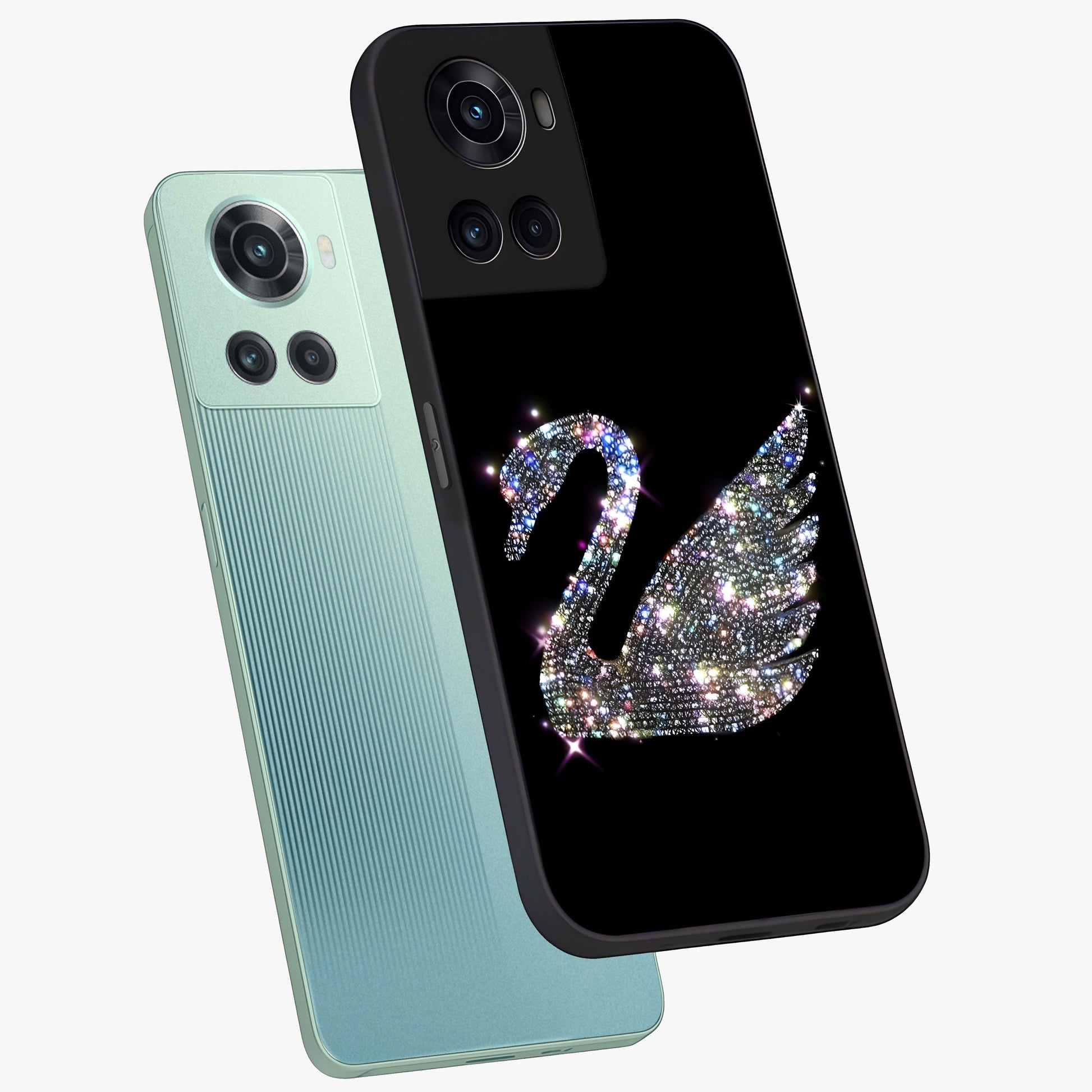 Starlit Swan Grace Glass Case for 1+10R angled mockup showcasing glossy finish and serene celestial tones
