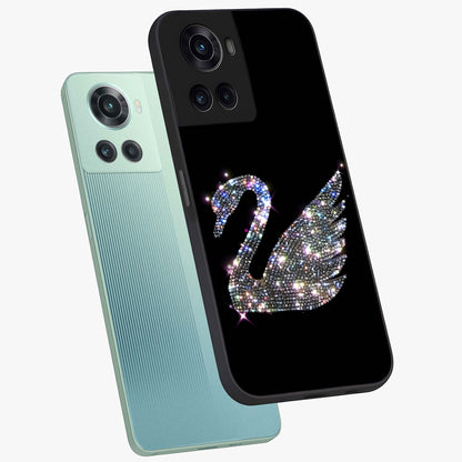 Starlit Swan Grace Glass Case for 1+10R angled mockup showcasing glossy finish and serene celestial tones