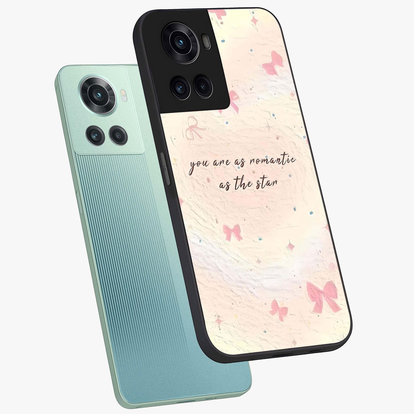 Starry Bow Romance Glass Case for 1+10R angled mockup showcasing glossy finish and soft dreamy tones