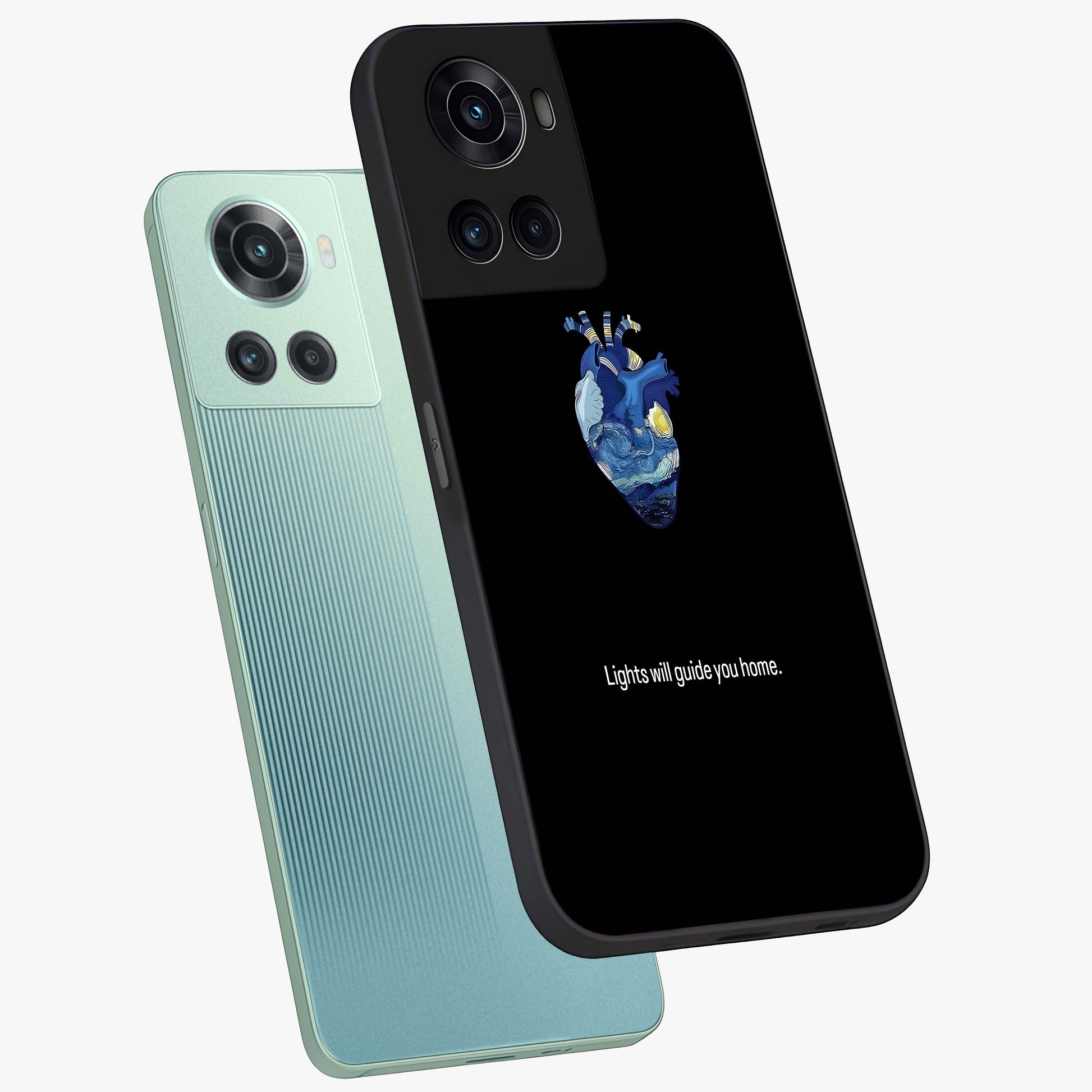 Starry Heart Compass Glass Case for 1+10R angled mockup showcasing glossy finish and celestial gradient tones