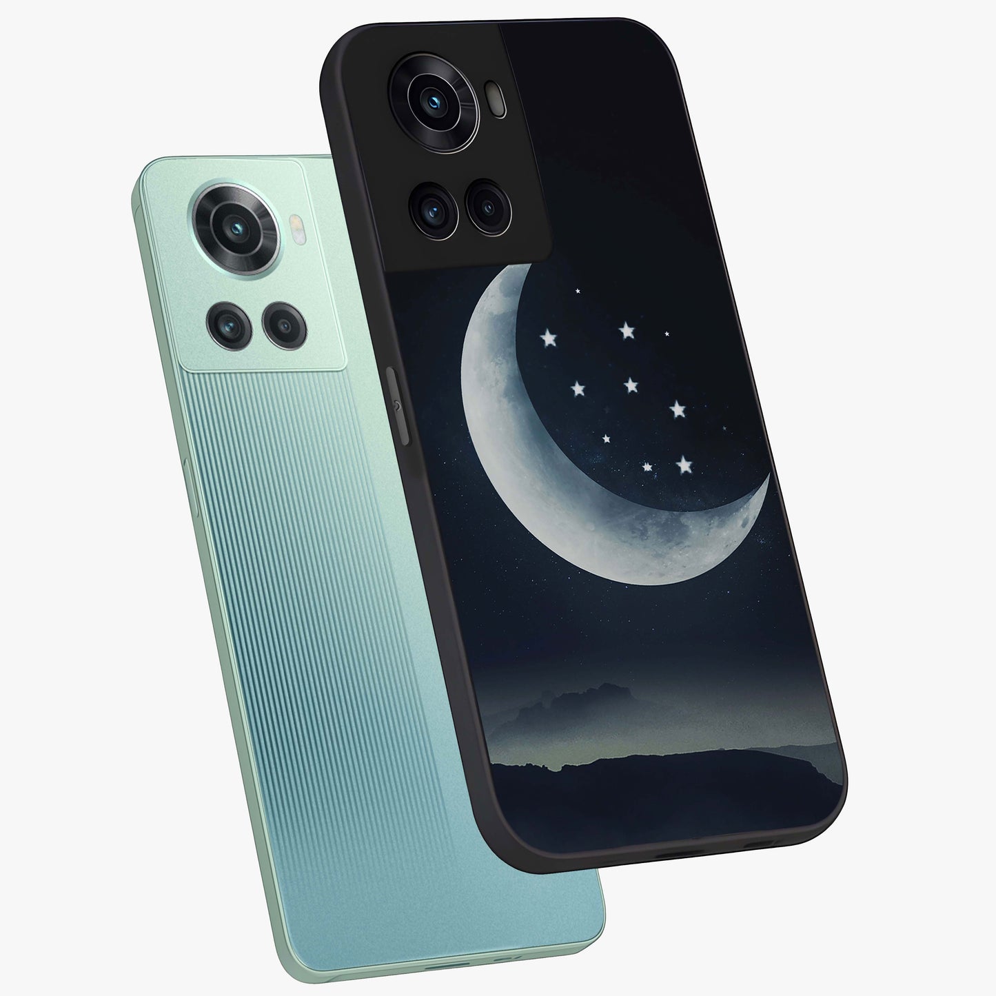 Starry Moon Pattern Glass Case for 1+10R angled mockup showcasing glossy glass finish and deep night tones
