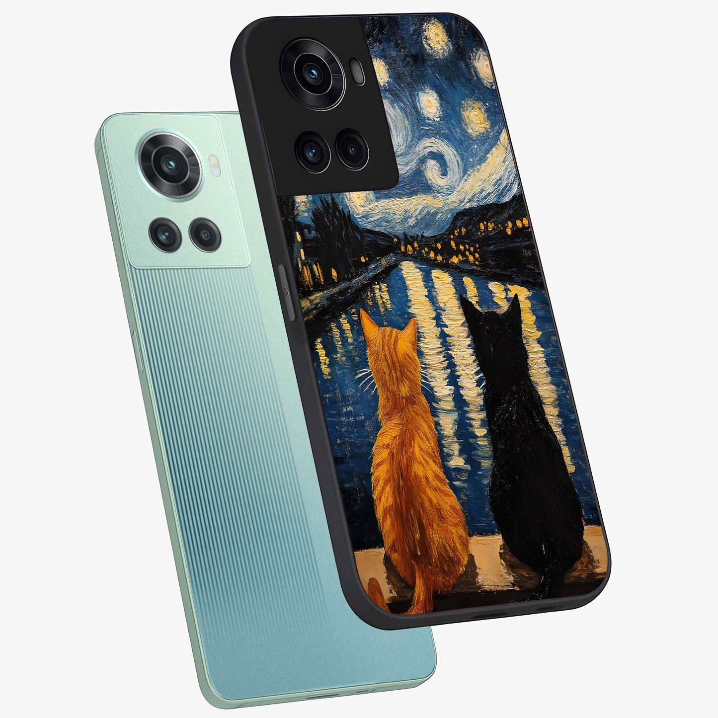 Starry River Cats Glass Case for 1+10R angled mockup showcasing glossy finish and soft cosmic detailing