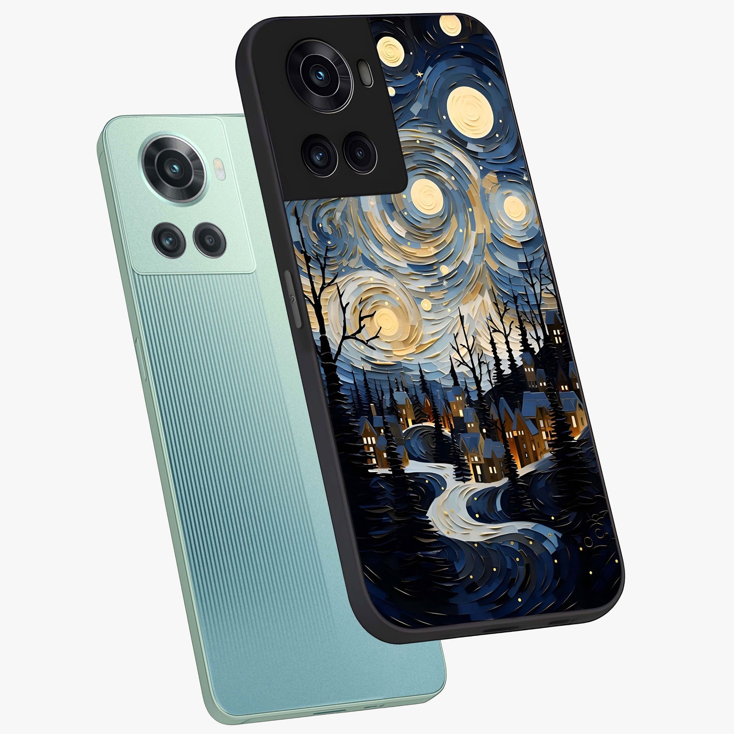 Starry Winter Town Glass Case for 1+10R angled mockup showcasing glossy finish and cool winter tones