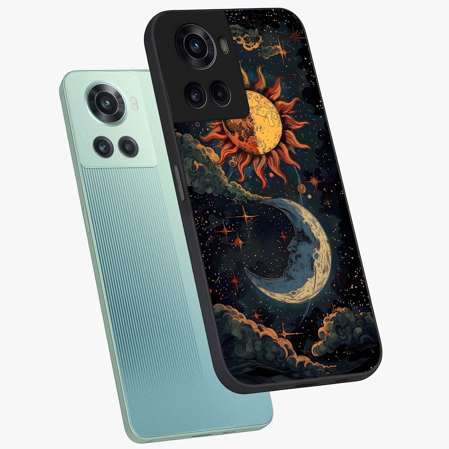 Sun and Moonflowers Glass Case for 1+10R angled mockup showcasing glossy finish and warm radiant tones