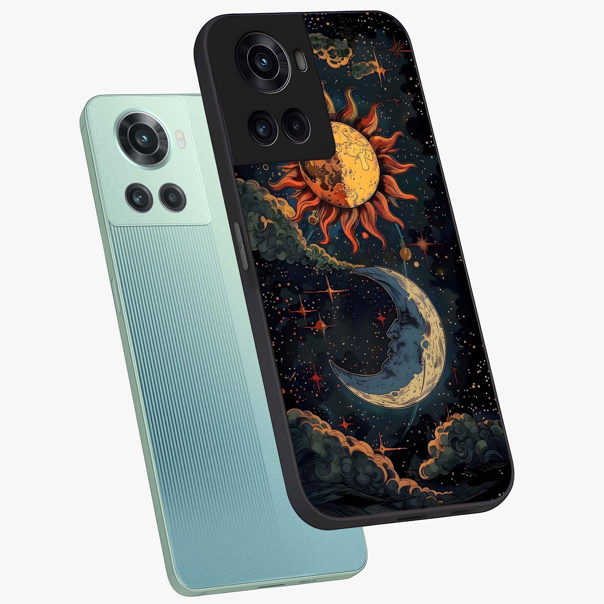 Sun and Moonflowers Glass Case for 1+10R angled mockup showcasing glossy finish and warm radiant tones