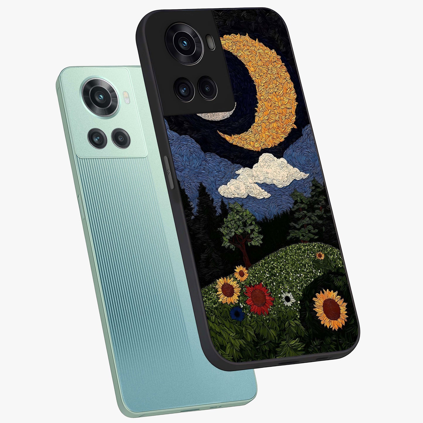 Sun and Moon Magic Design Glass Case for 1+10R angled mockup showcasing glossy finish and mystical gradient tones