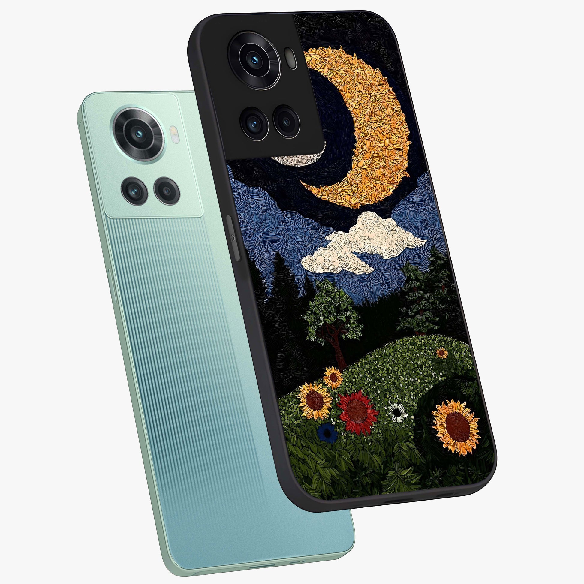 Sun and Moon Magic Design Glass Case for 1+10R angled mockup showcasing glossy finish and mystical gradient tones