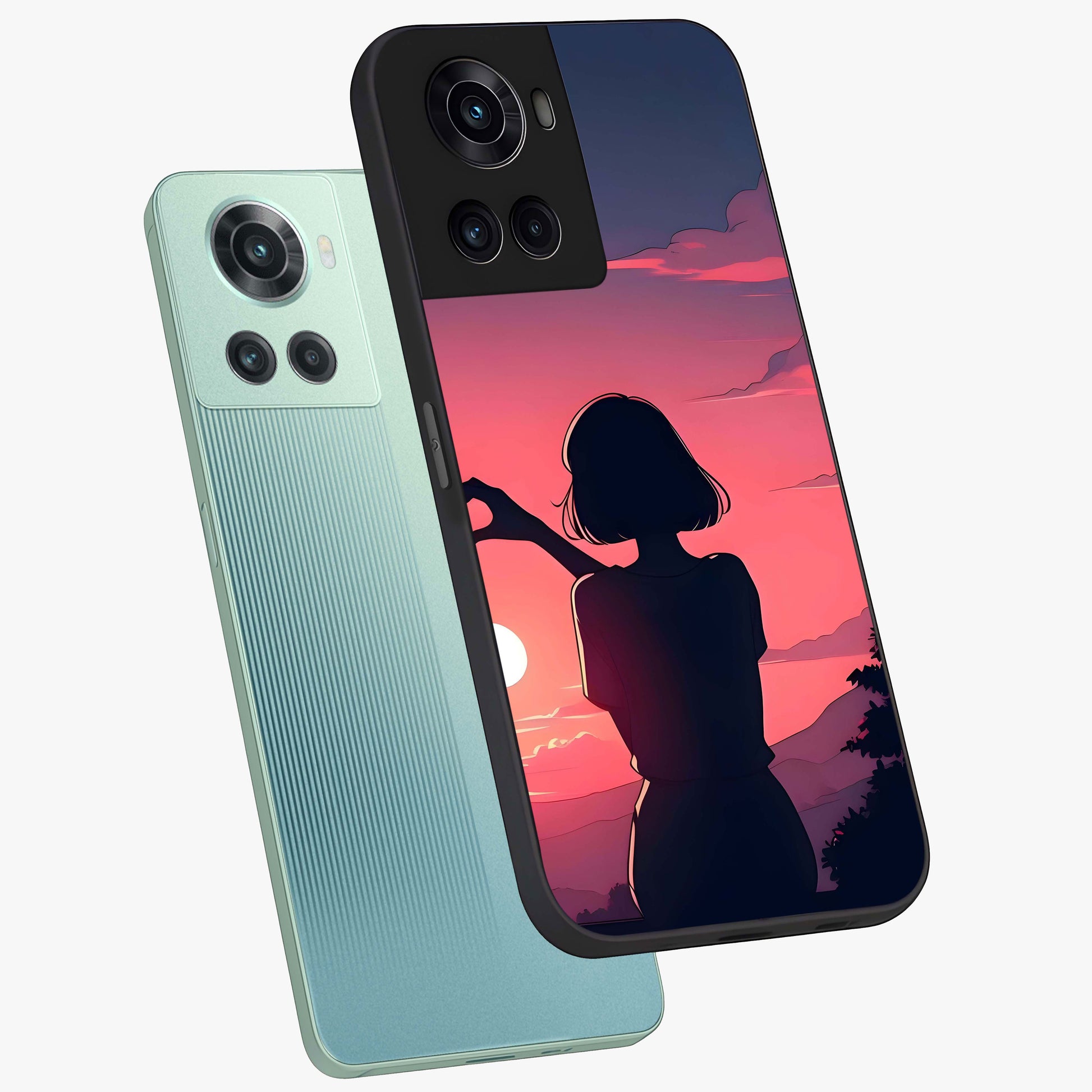 Sunset Silhouette Boy Glass Case for 1+10R angled mockup showcasing glossy finish and rich orange tones