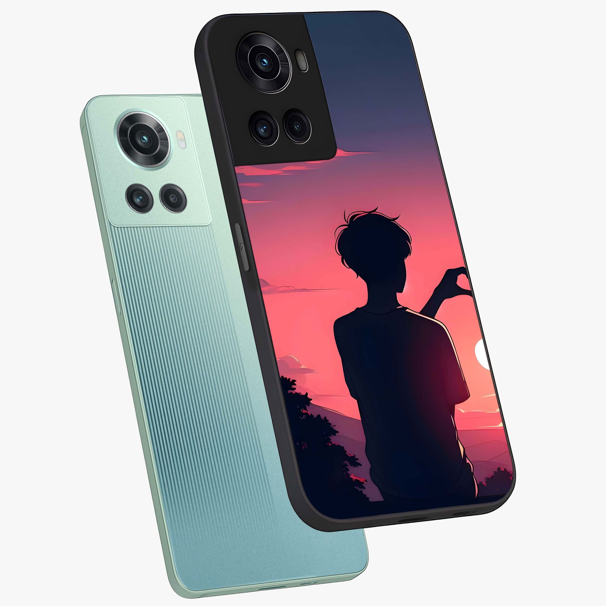Sunset Silhouette Girl Glass Case for 1+10R angled mockup showcasing glossy finish and warm gradient tones