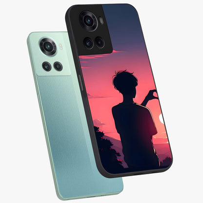 Sunset Silhouette Girl Glass Case for 1+10R angled mockup showcasing glossy finish and warm gradient tones