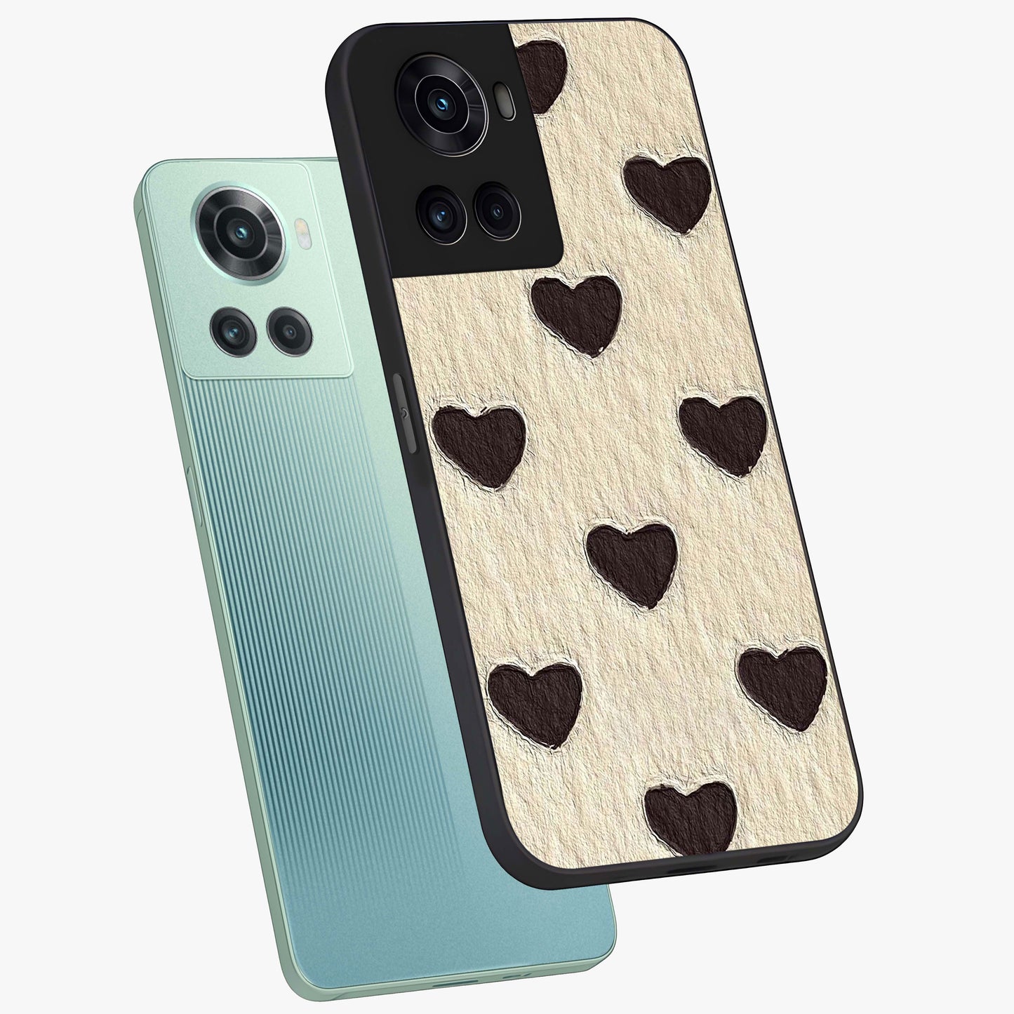 Textured Love Pattern Glass Case for 1+10R angled mockup showcasing glossy finish and subtle pattern detailing