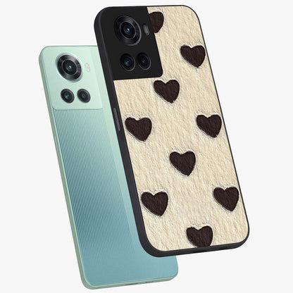 Textured Love Pattern Glass Case for 1+10R angled mockup showcasing glossy finish and subtle pattern detailing