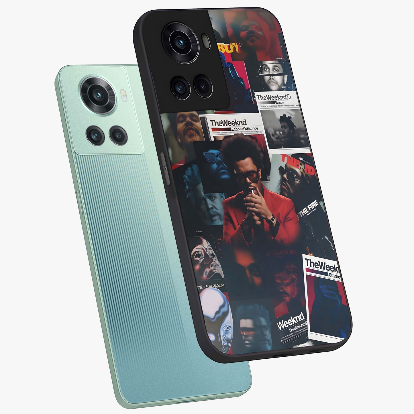 The Weeknd Glass Case for 1+10R angled mockup showcasing glossy finish and bold modern tones