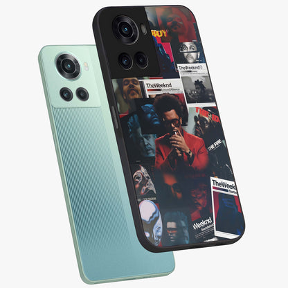 The Weeknd Glass Case for 1+10R angled mockup showcasing glossy finish and bold modern tones