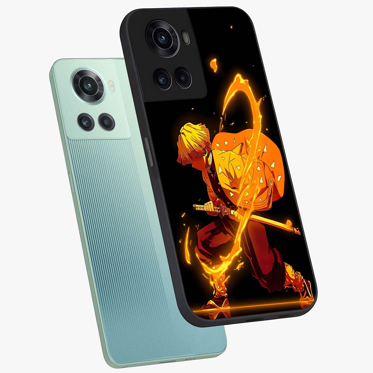 Thunder Flame Execution Glass Case for 1+10R angled mockup showcasing glossy finish and dramatic high contrast tones