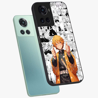 Thunder Smile Hero Glass Case for 1+10R angled mockup showcasing glossy glass finish and high energy detailing