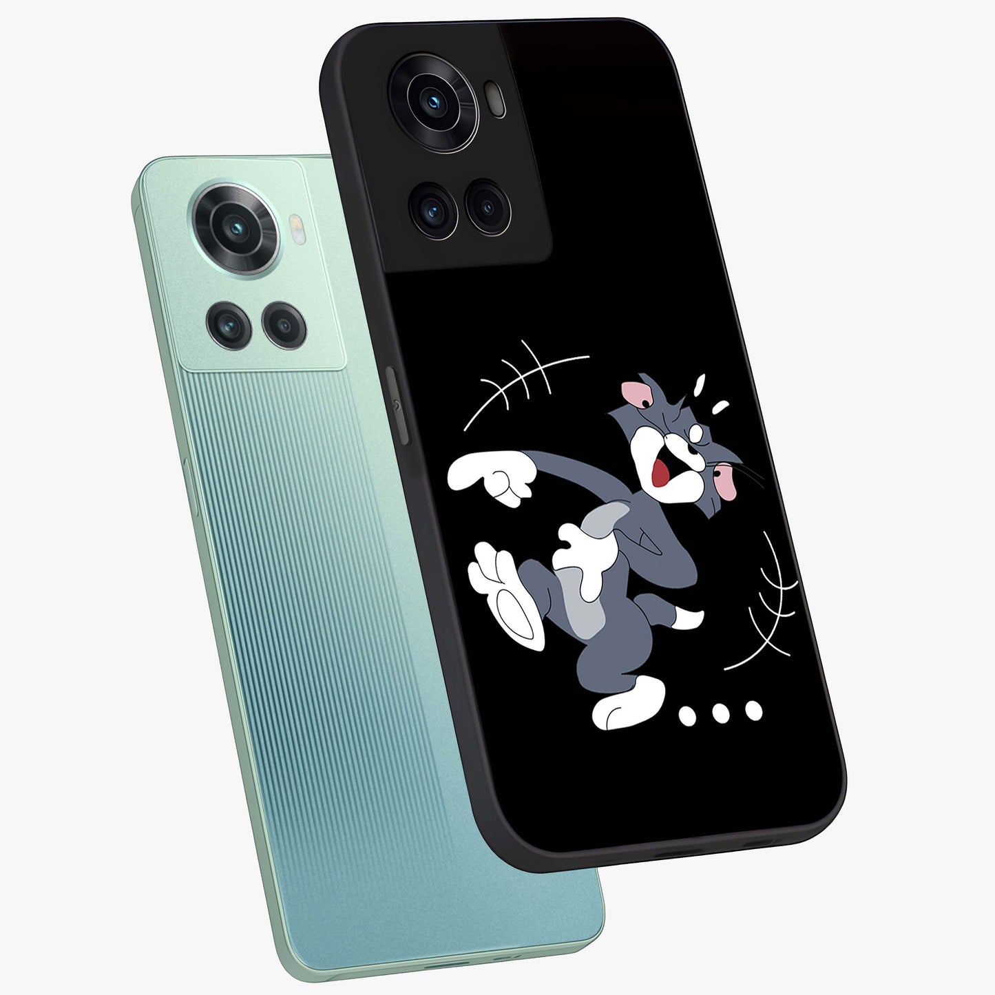 Tom in Trouble Glass Case for 1+10R angled mockup showcasing glossy finish and vibrant cartoon detailing