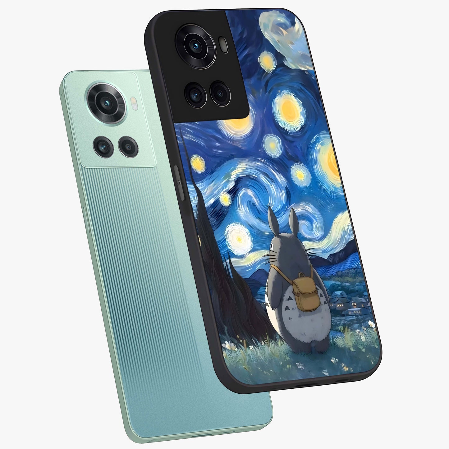 Totoro in Van Gogh Art Glass Case for 1+10R angled mockup showcasing glossy finish and vibrant brushstroke detailing