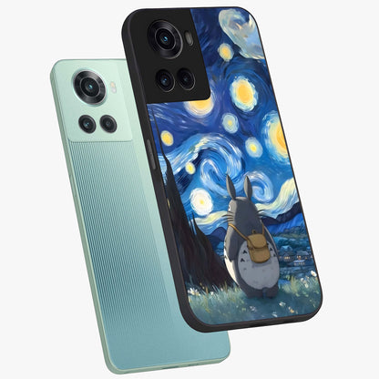 Totoro in Van Gogh Art Glass Case for 1+10R angled mockup showcasing glossy finish and vibrant brushstroke detailing