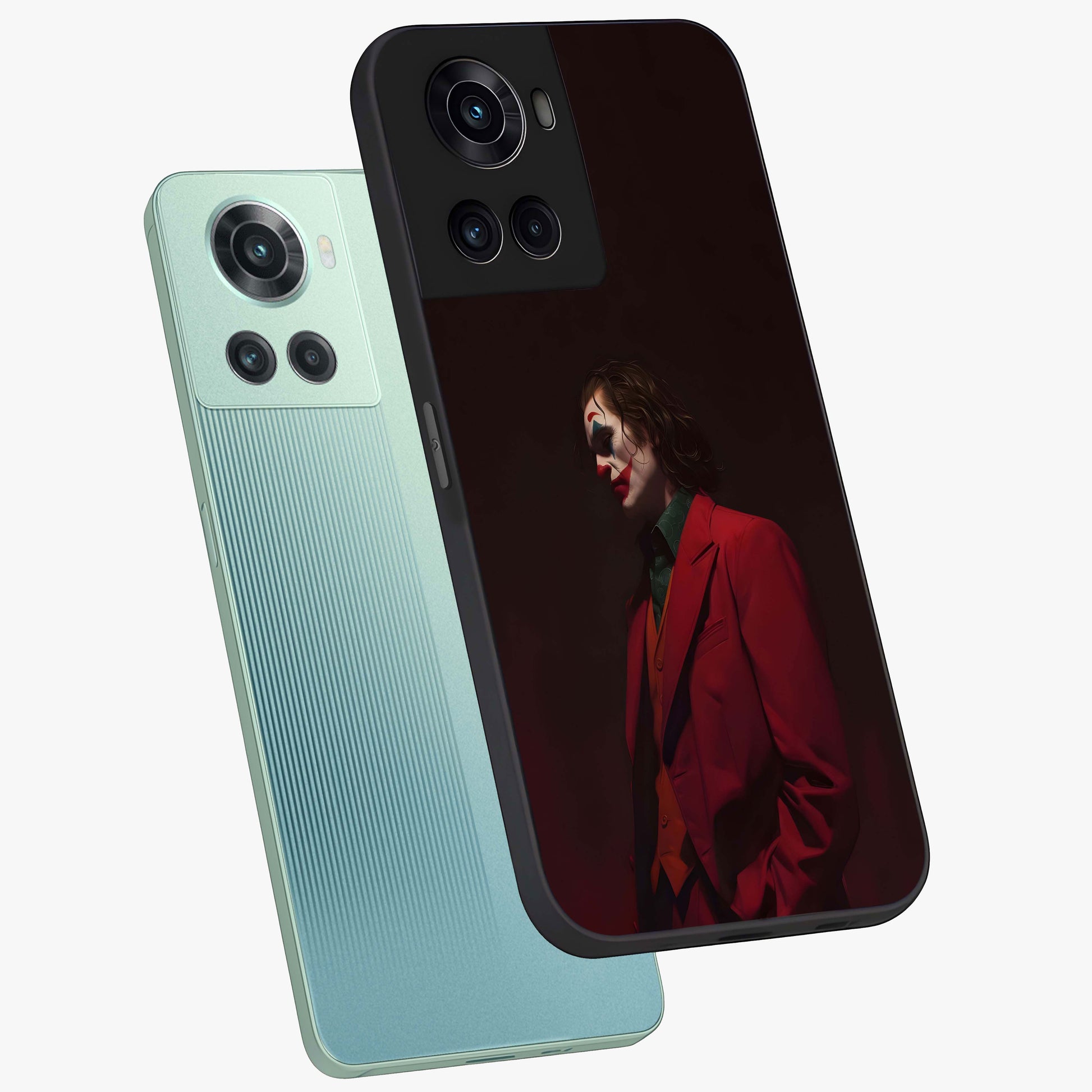 Tragic Chaos King Glass Case for 1+10R angled mockup showcasing glossy finish and bold shadow detailing