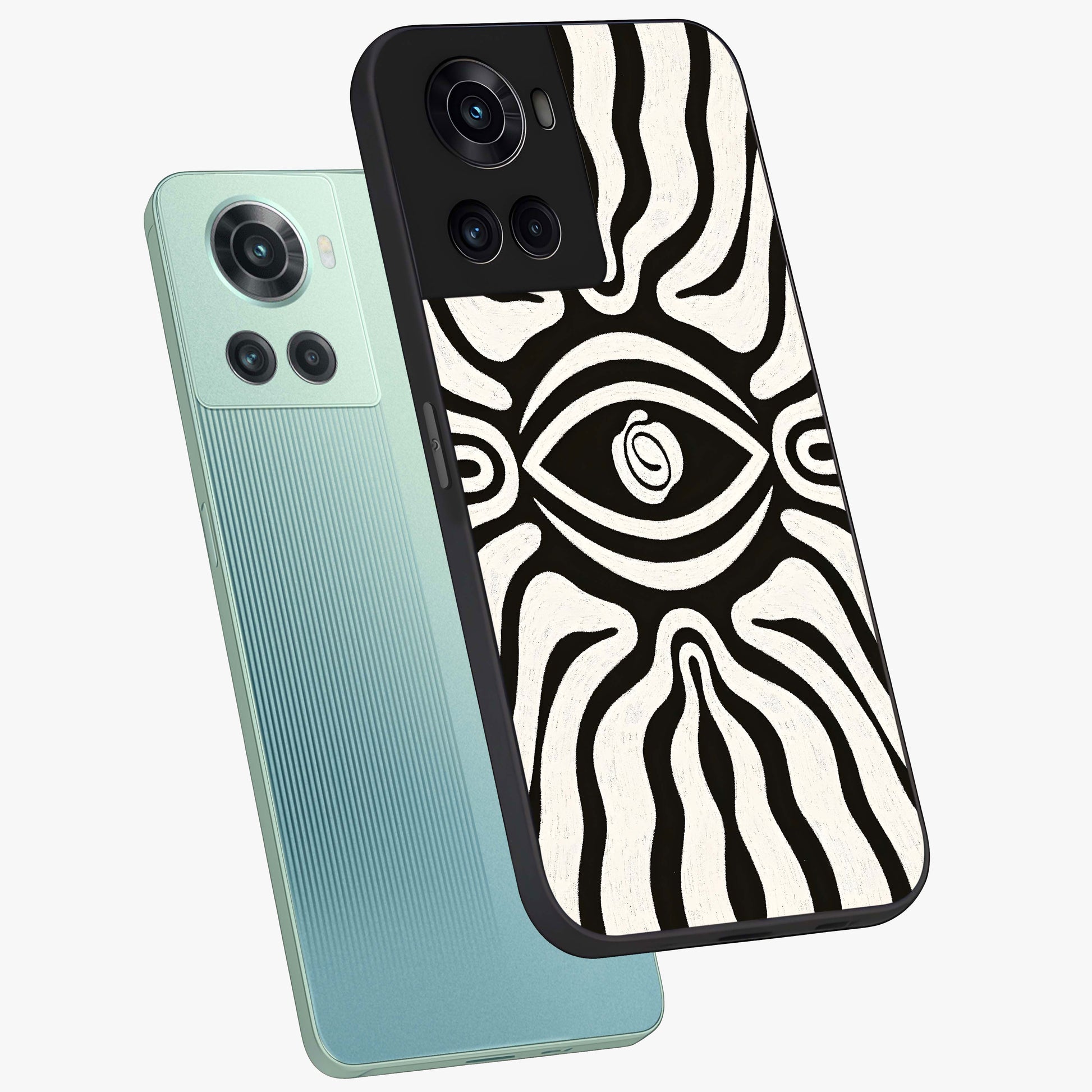 Trancewave Illusion Art Glass Case for 1+10R angled mockup showcasing glossy finish and psychedelic detailing