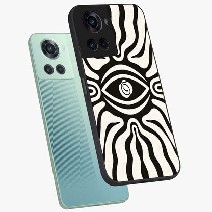 Trancewave Illusion Art Glass Case for 1+10R angled mockup showcasing glossy finish and psychedelic detailing