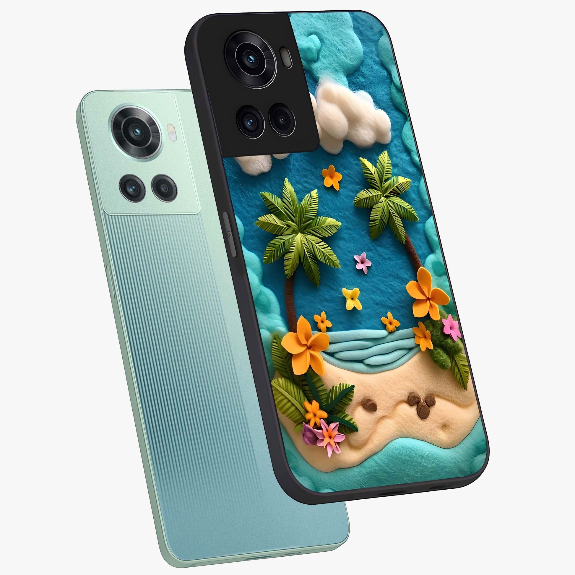 Tropical Felt Escape Glass Case for 1+10R angled mockup showcasing glossy finish and vibrant island tones