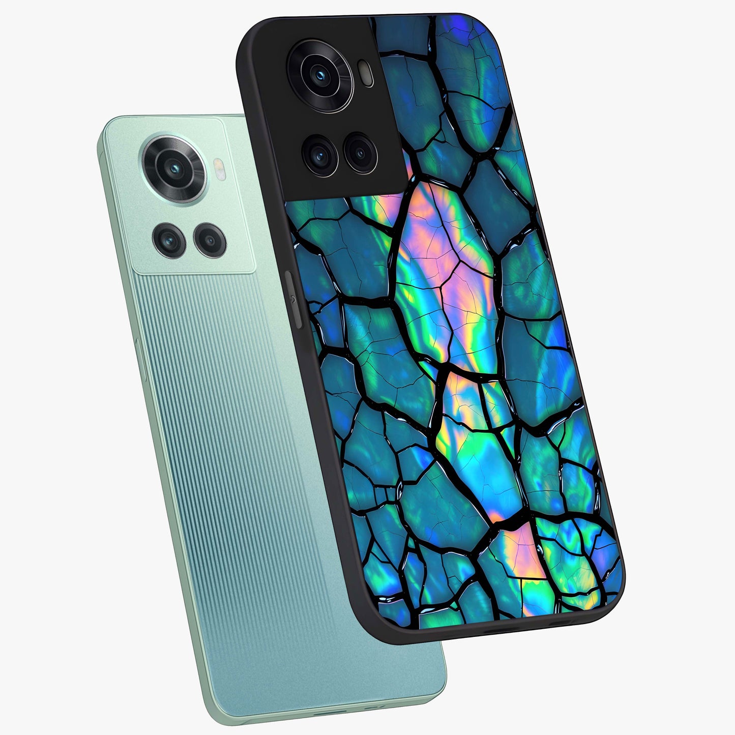 Tropical Wing Vibe Glass Case for 1+10R angled mockup showcasing glossy finish and bold gradient detailing