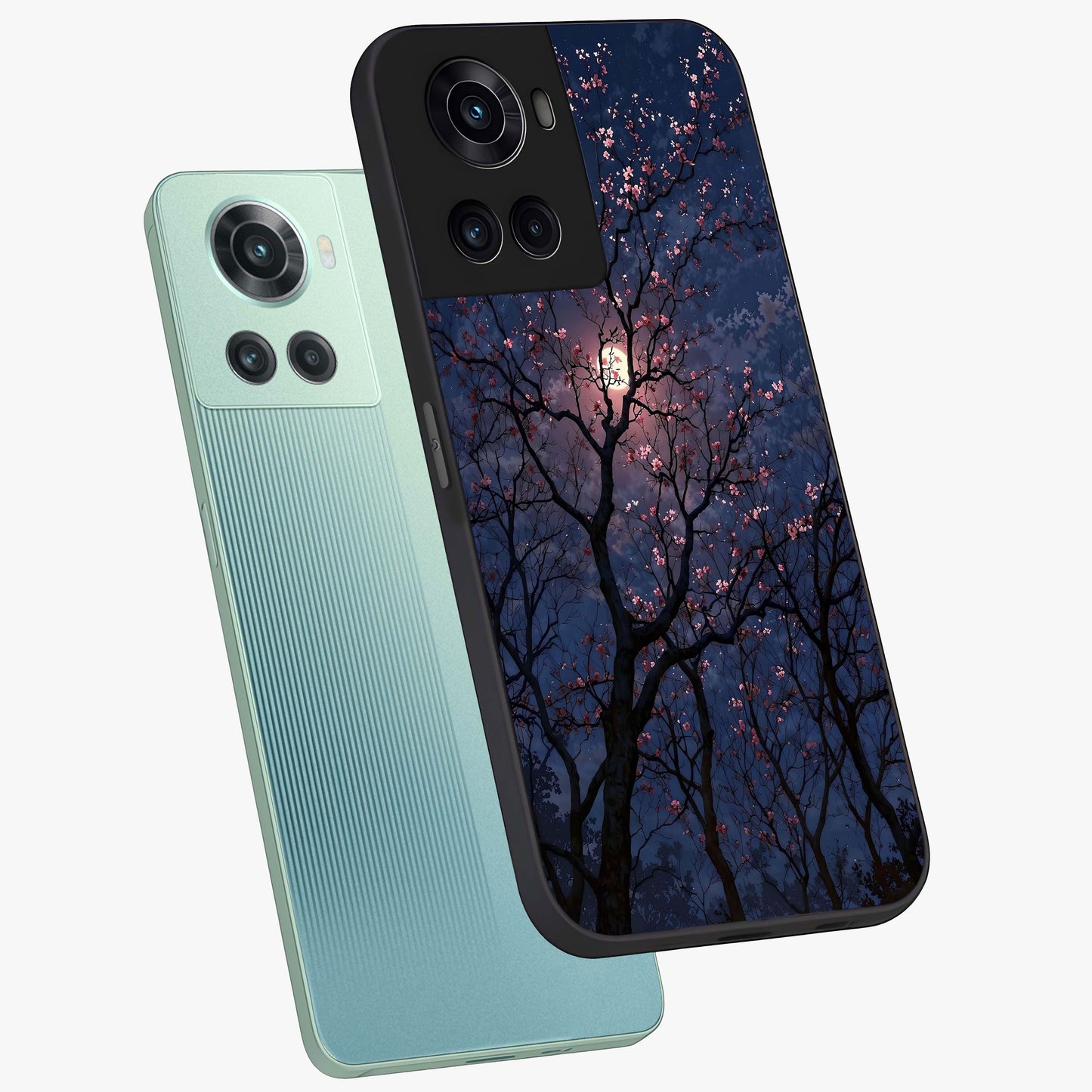 Twilight Sakura Serenade Glass Case for 1+10R angled mockup showcasing glossy glass finish and soft purple gradients