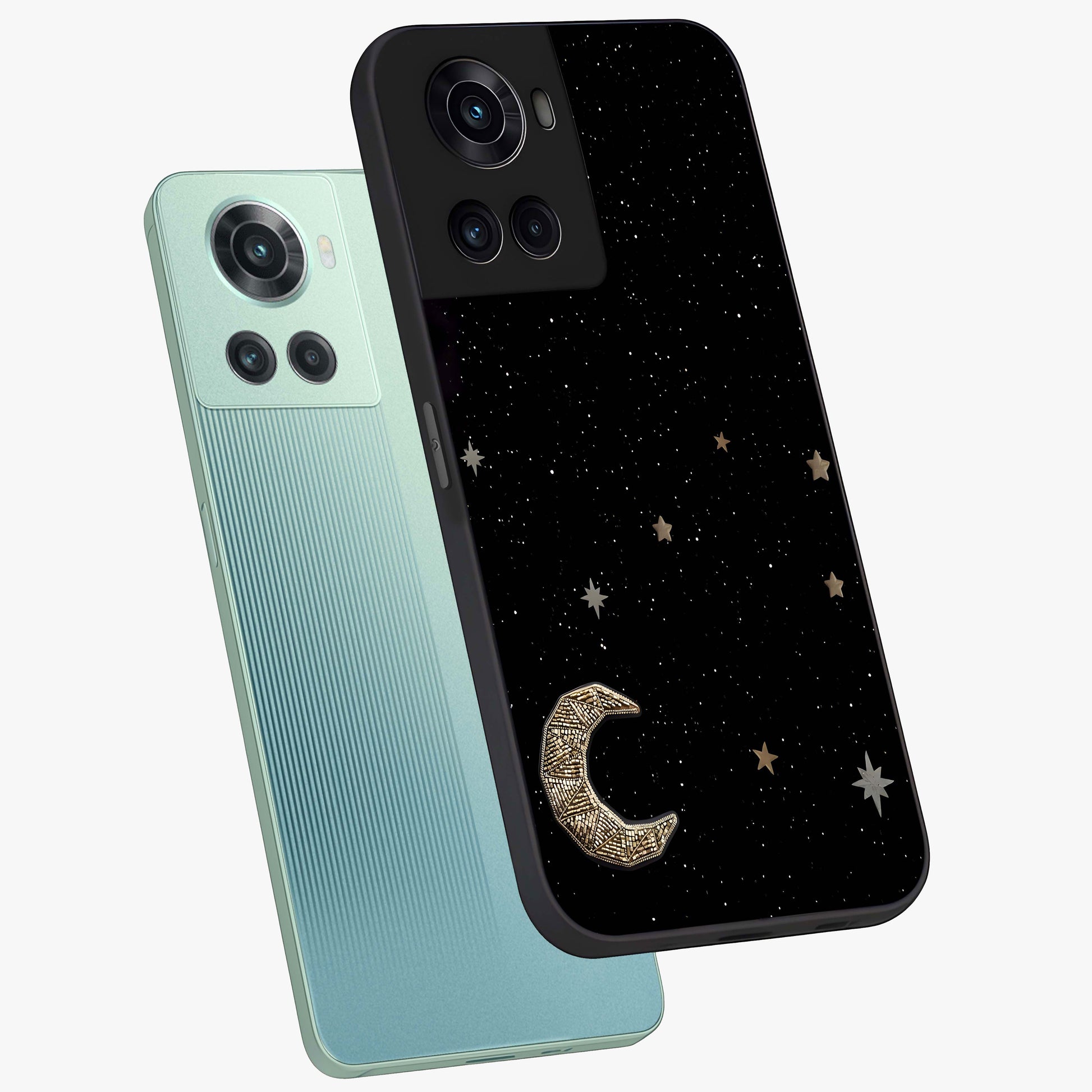 Twinkle Star With Half Moon Glass Case for 1+10R angled mockup showcasing glossy finish and celestial night tones