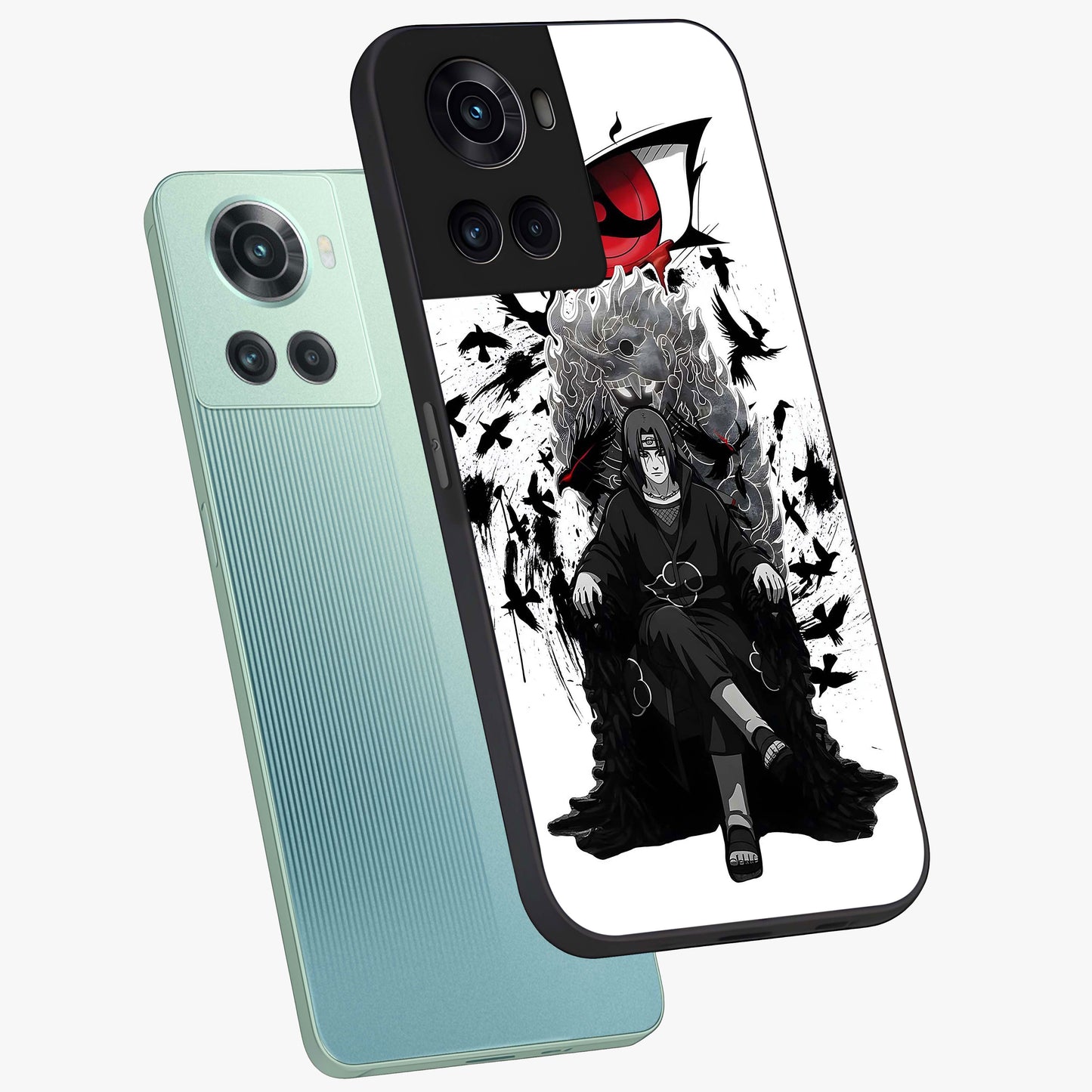 Uchiha Shadow Throne Glass Case for 1+10R angled mockup showcasing glossy finish and dramatic shadow detailing
