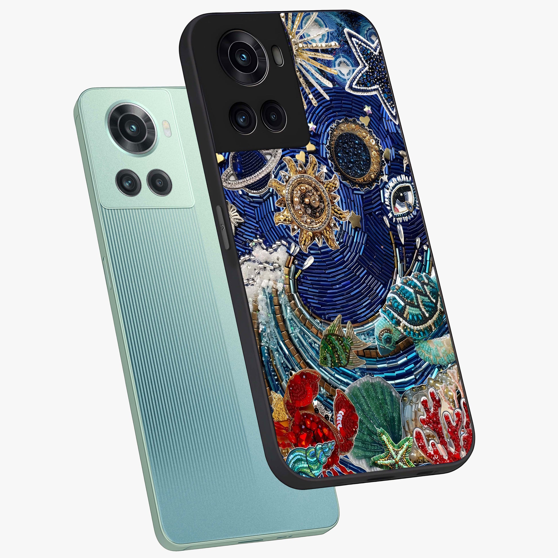 Universe Underwater Spark Glass Case for 1+10R angled mockup showcasing glossy finish and glowing blue gradients