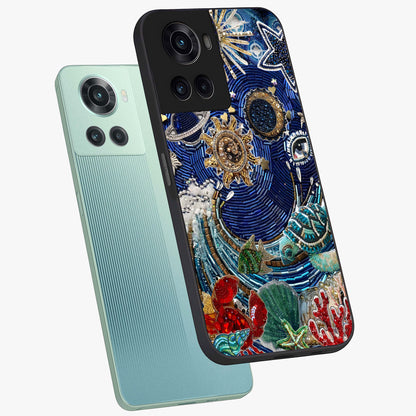 Universe Underwater Spark Glass Case for 1+10R angled mockup showcasing glossy finish and glowing blue gradients