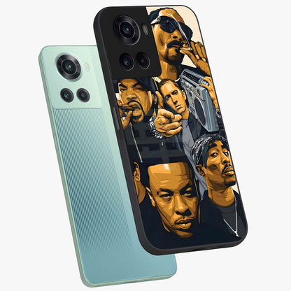 Urban Rap Legends Glass Case for 1+10R angled mockup showcasing glossy finish and edgy urban detailing